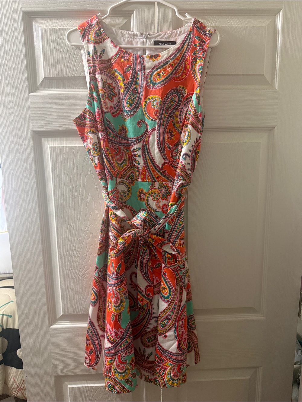 Nine West Coral and Aqua Paisley Tie-Waist Mini Dress